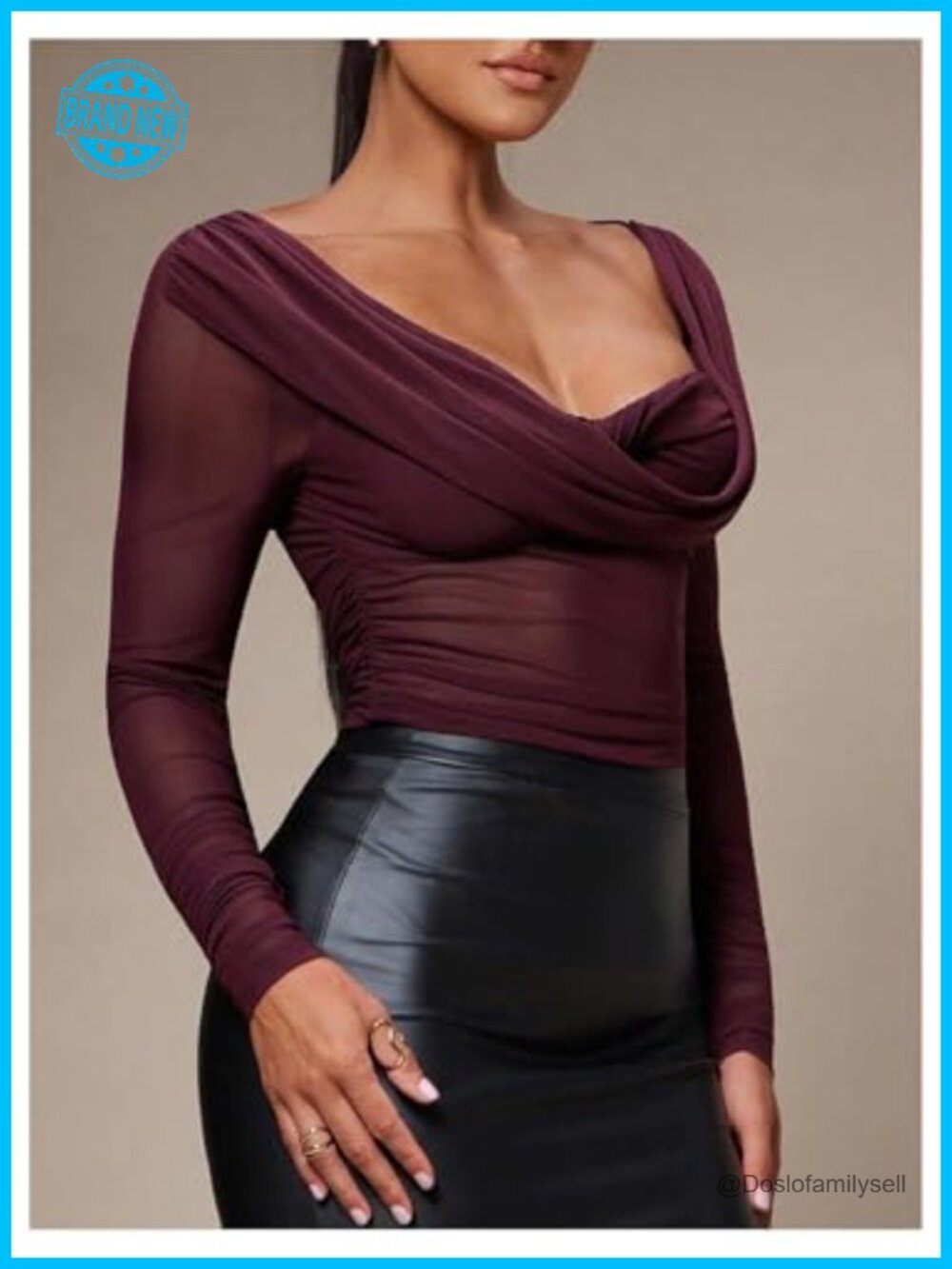 Sheer Mesh Cowl Neck Ruched Long Sleeve Fitted Top - Picture 3 of 5